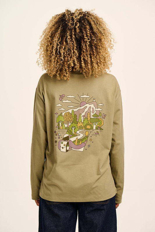 Murat - Long Sleeve Lightweight Cotton Tee in Green Follow Trails Print