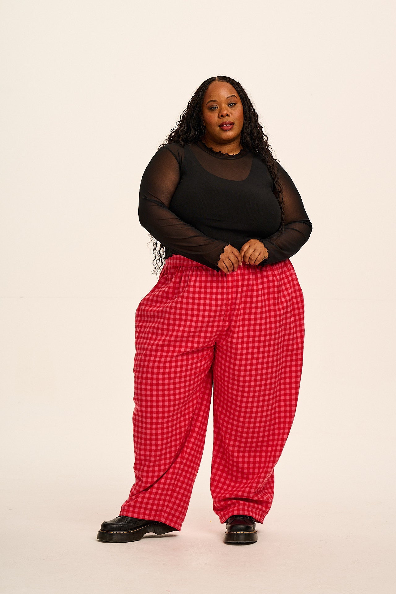 Beau - Barrel Leg Brushed Cotton Trousers in Pink and Red Gingham