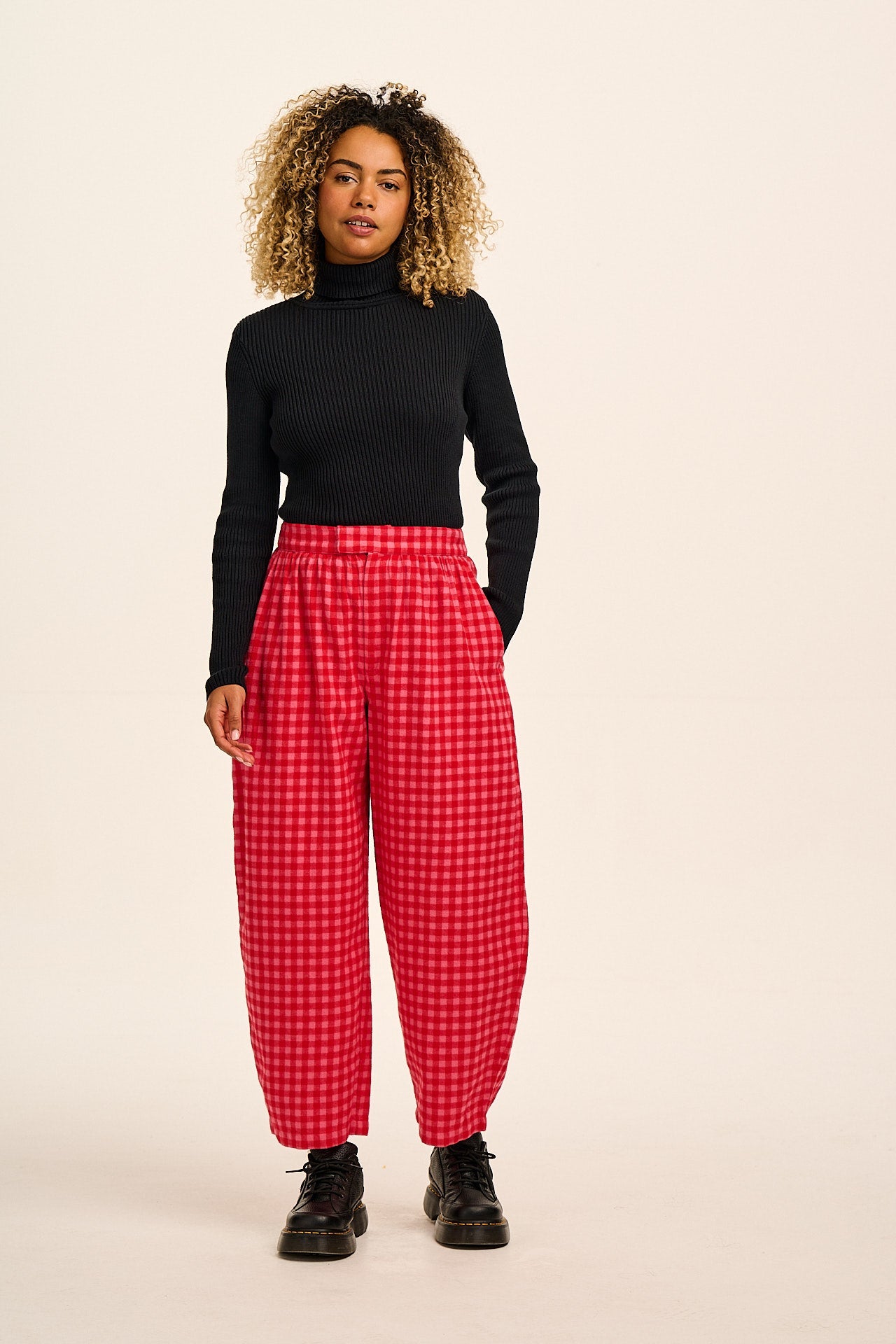 Beau - Barrel Leg Brushed Cotton Trousers in Pink and Red Gingham