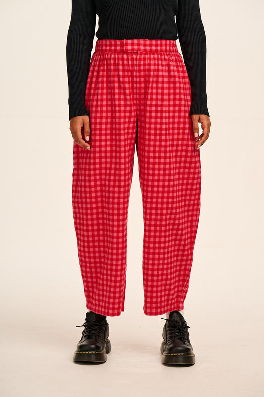 Beau - Barrel Leg Brushed Cotton Trousers in Pink and Red Gingham
