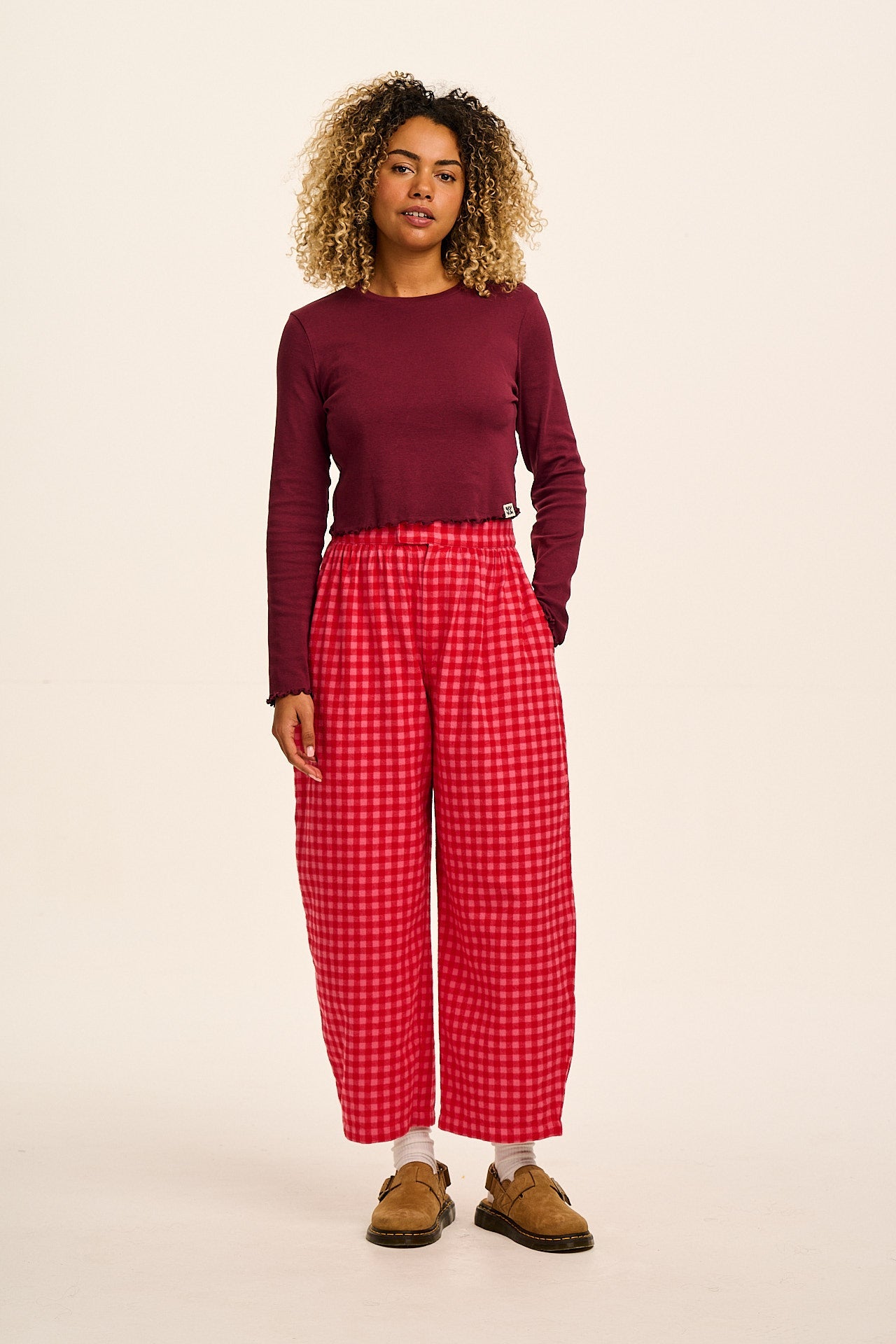 Beau - Barrel Leg Brushed Cotton Trousers in Pink and Red Gingham