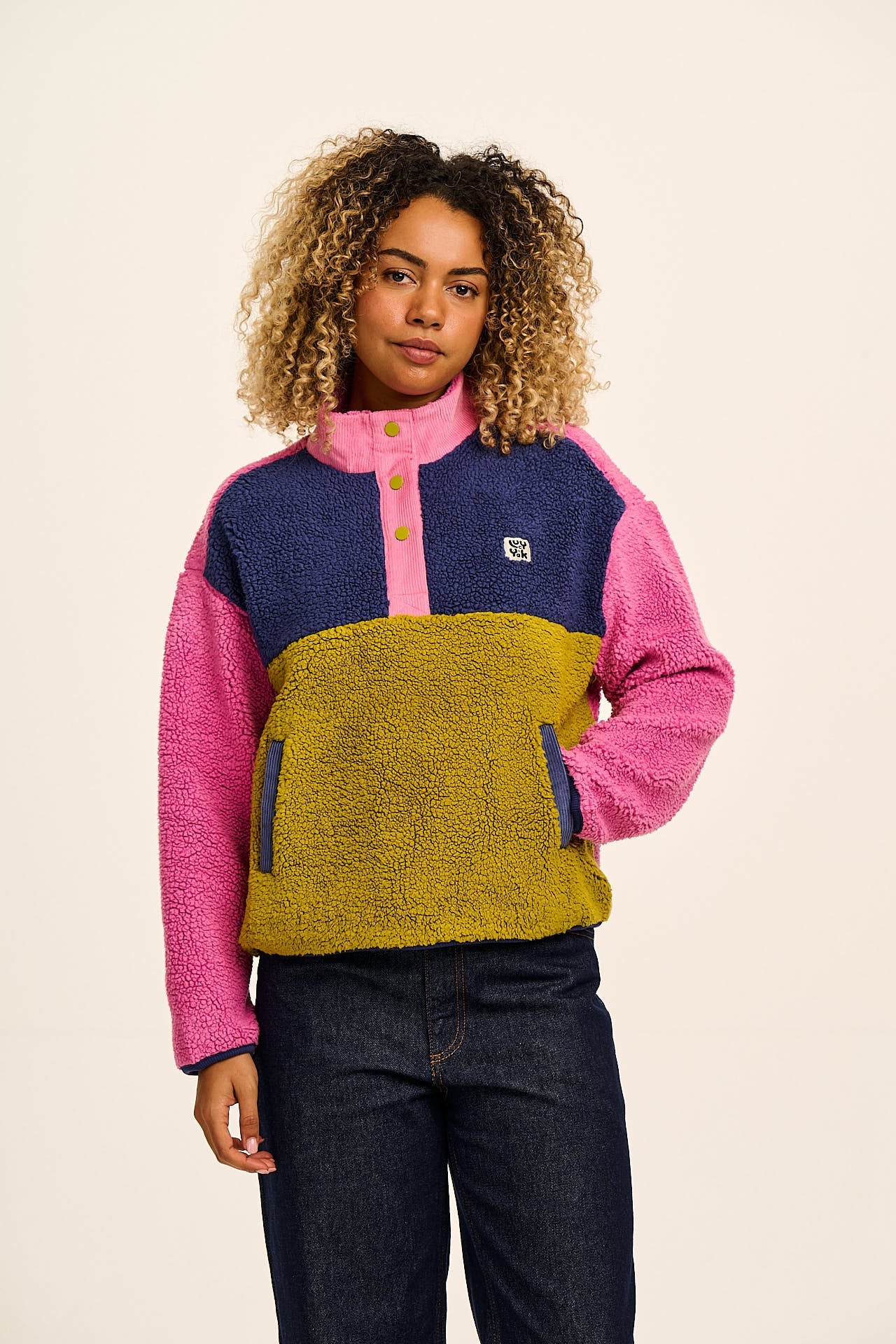 Marlow - Lightweight Button Down Borg Fleece in Bright Colour Block