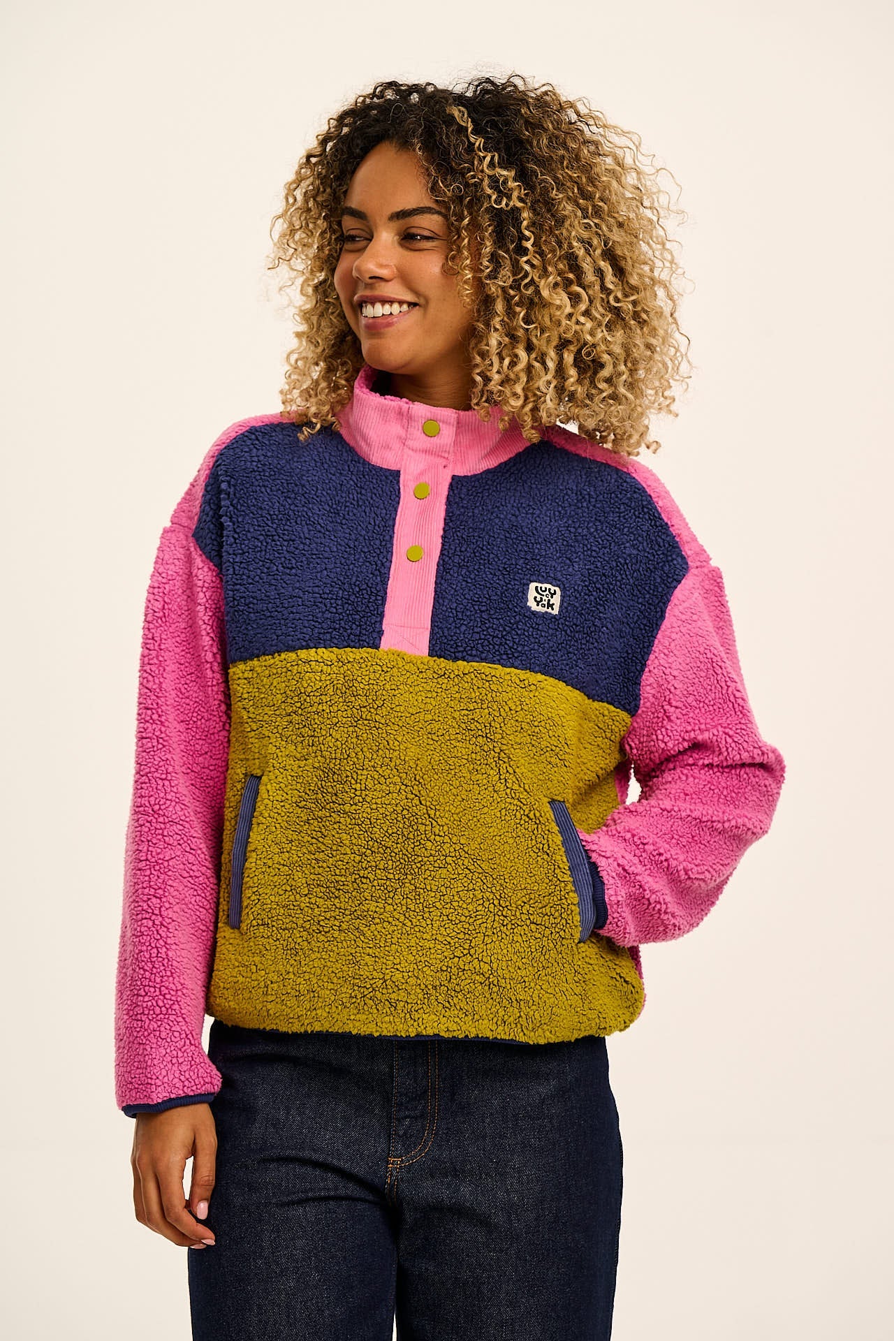 Marlow - Lightweight Button Down Borg Fleece in Bright Colour Block