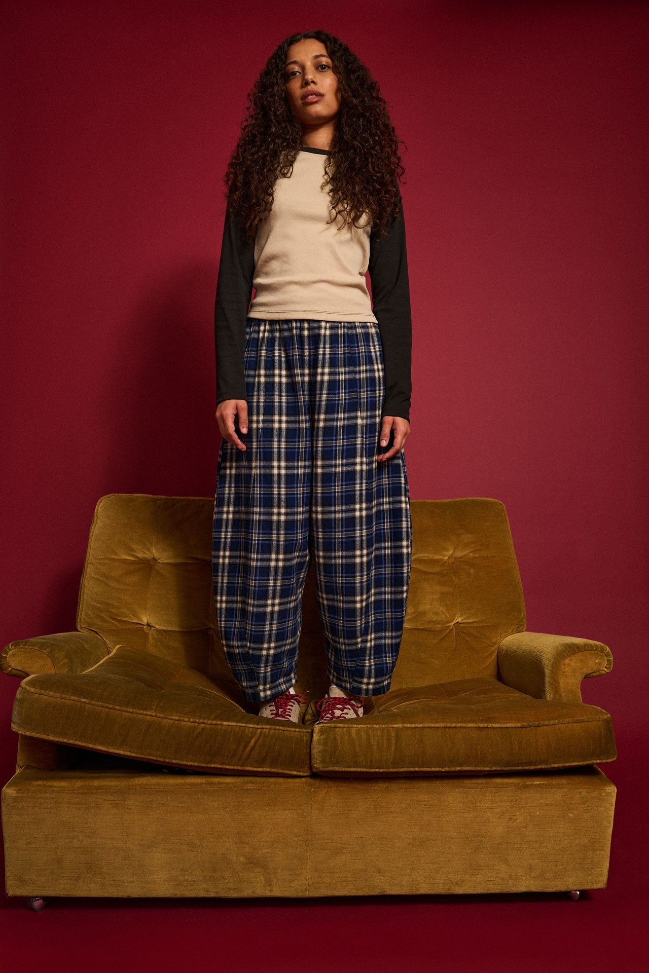 Obregon - Barrel Leg Brushed Cotton Trousers in Blue Tartan Check