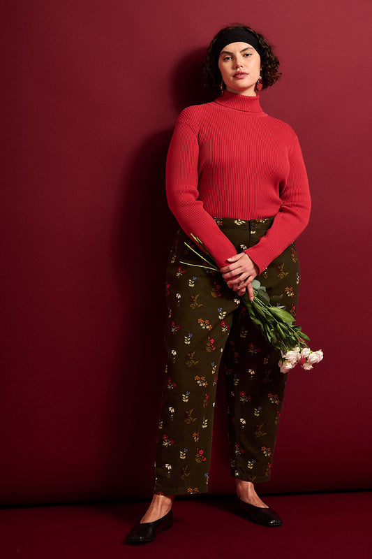 Drew - Cropped Straight Leg Cotton Trousers in Winter Blooms