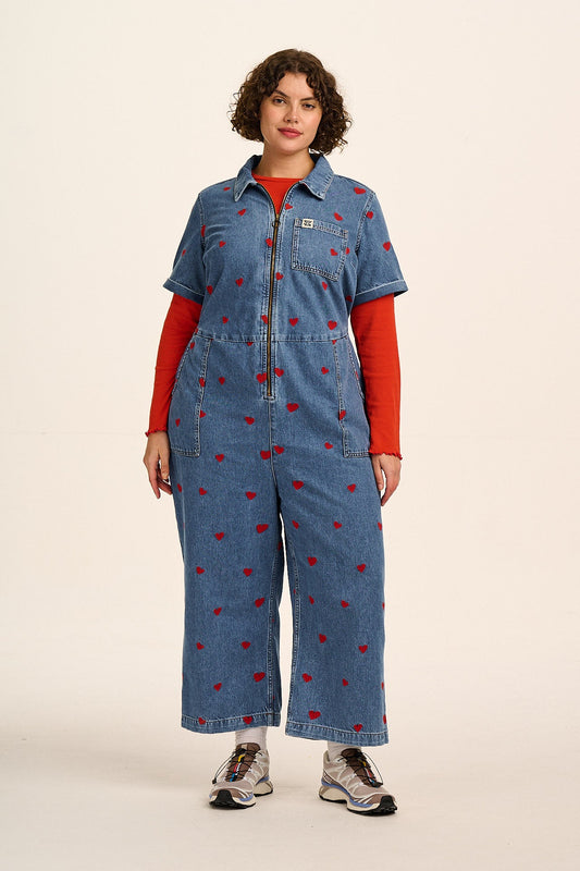 Ragan - Denim Jumpsuit in Mid Wash with Cupid Hearts