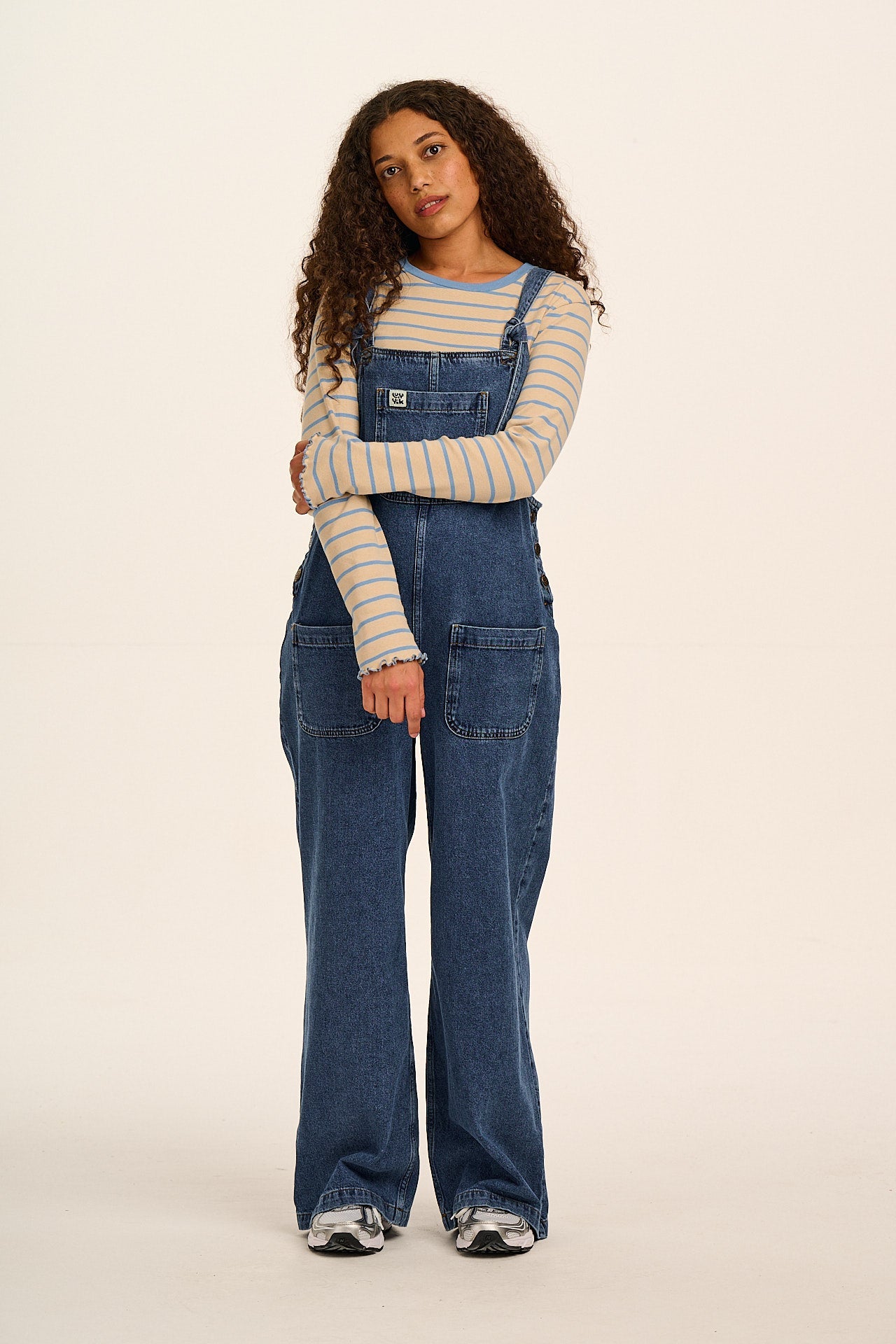 Ali - Wide Leg Denim Dungarees in Mid Wash Blue