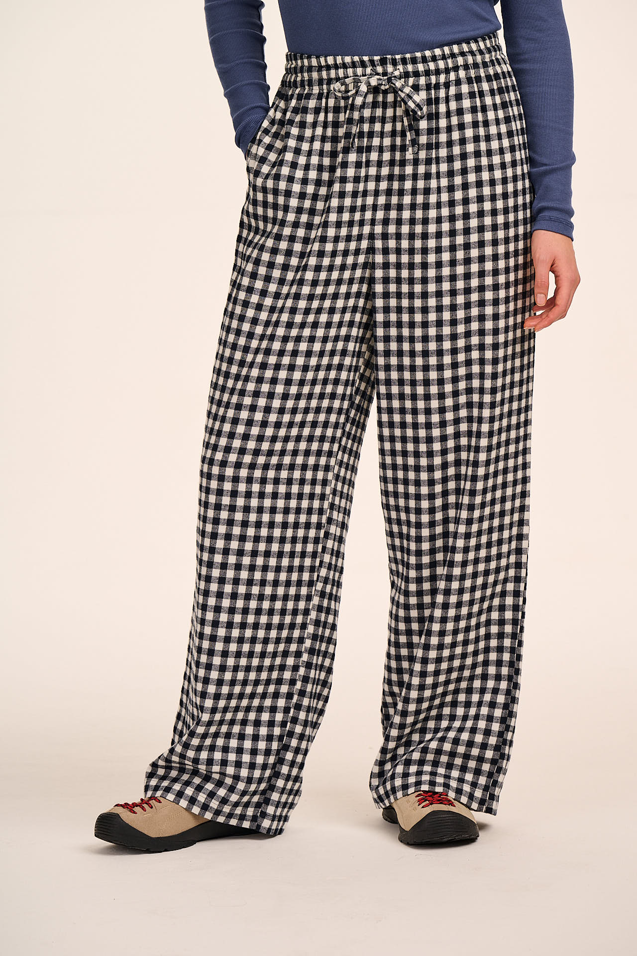 Norris - Wide Leg Cotton Trousers in Black and White Gingham