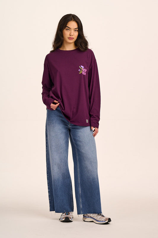 Murat - Long Sleeve Lightweight Cotton T-Shirt in Purple Flowers & Characters