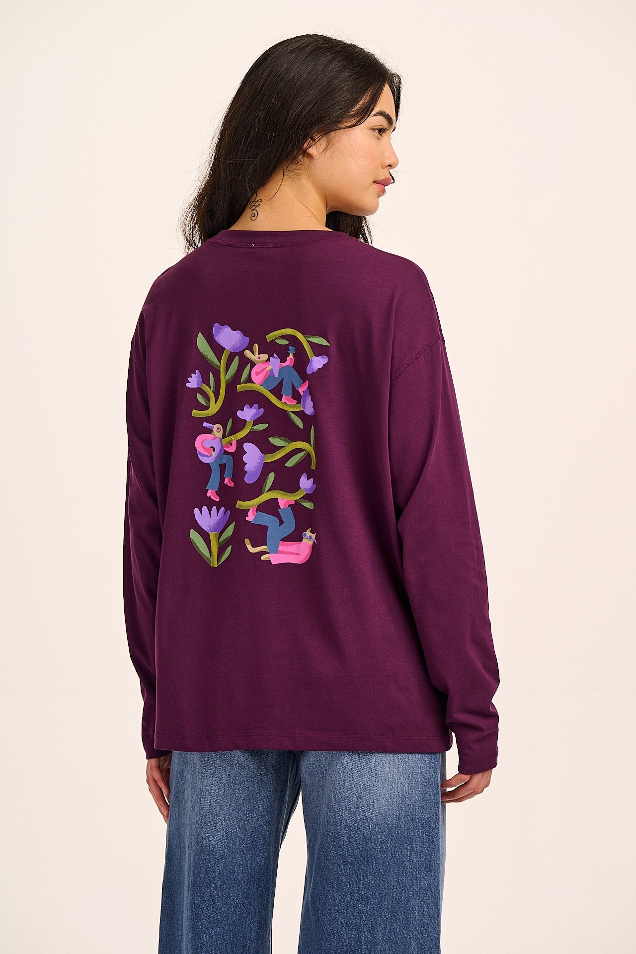 Murat - Long Sleeve Lightweight Cotton T-Shirt in Purple Flowers & Characters