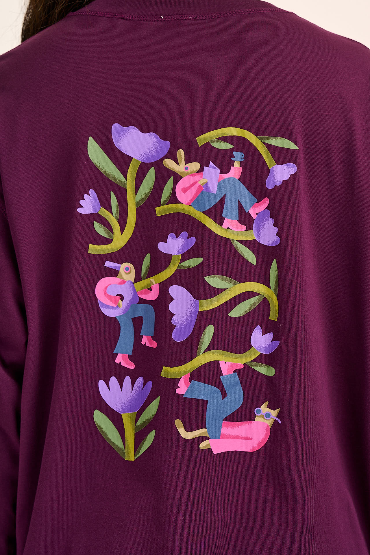 Murat - Long Sleeve Lightweight Cotton T-Shirt in Purple Flowers & Characters