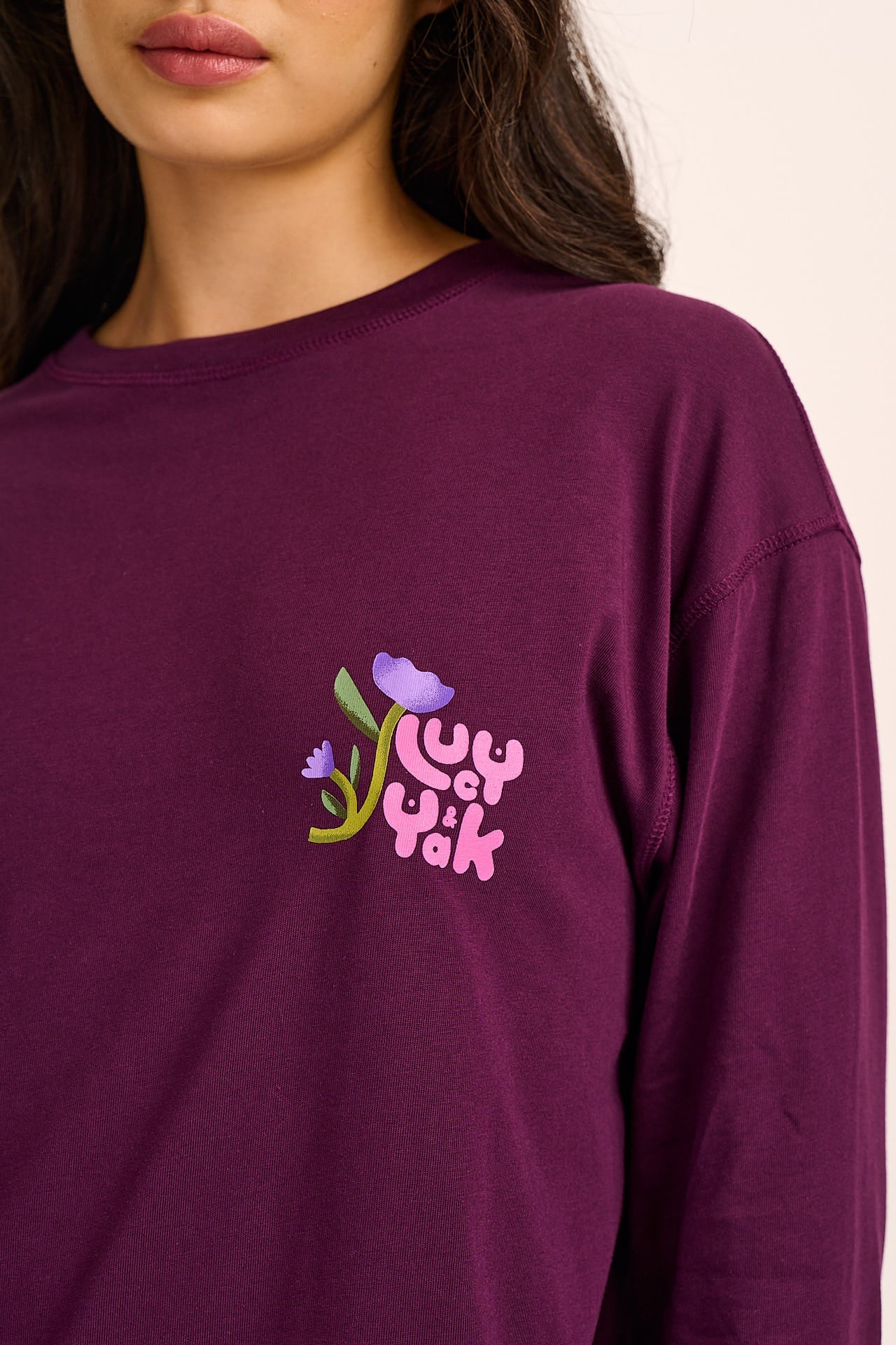 Murat - Long Sleeve Lightweight Cotton T-Shirt in Purple Flowers & Characters