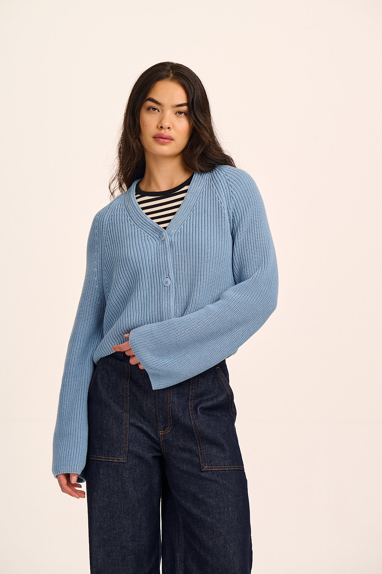 Robyn - V-Neck Cotton Cardigan in Sky Blue