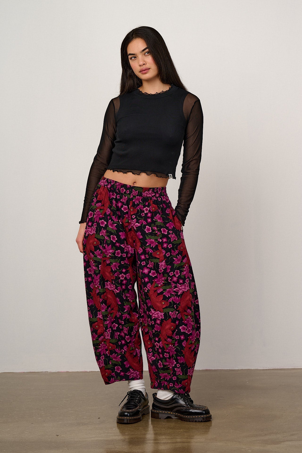 Obregon - Barrel Leg Brushed Cotton Trousers in Pink Koi Print