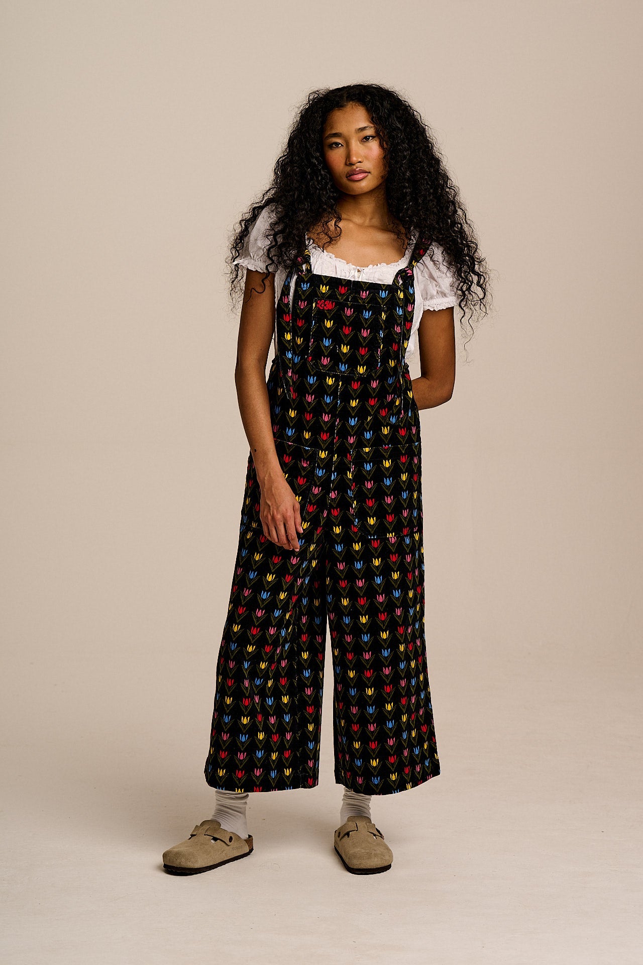 Jenny - Wide Leg Corduroy Dungarees in Black Tulip Print