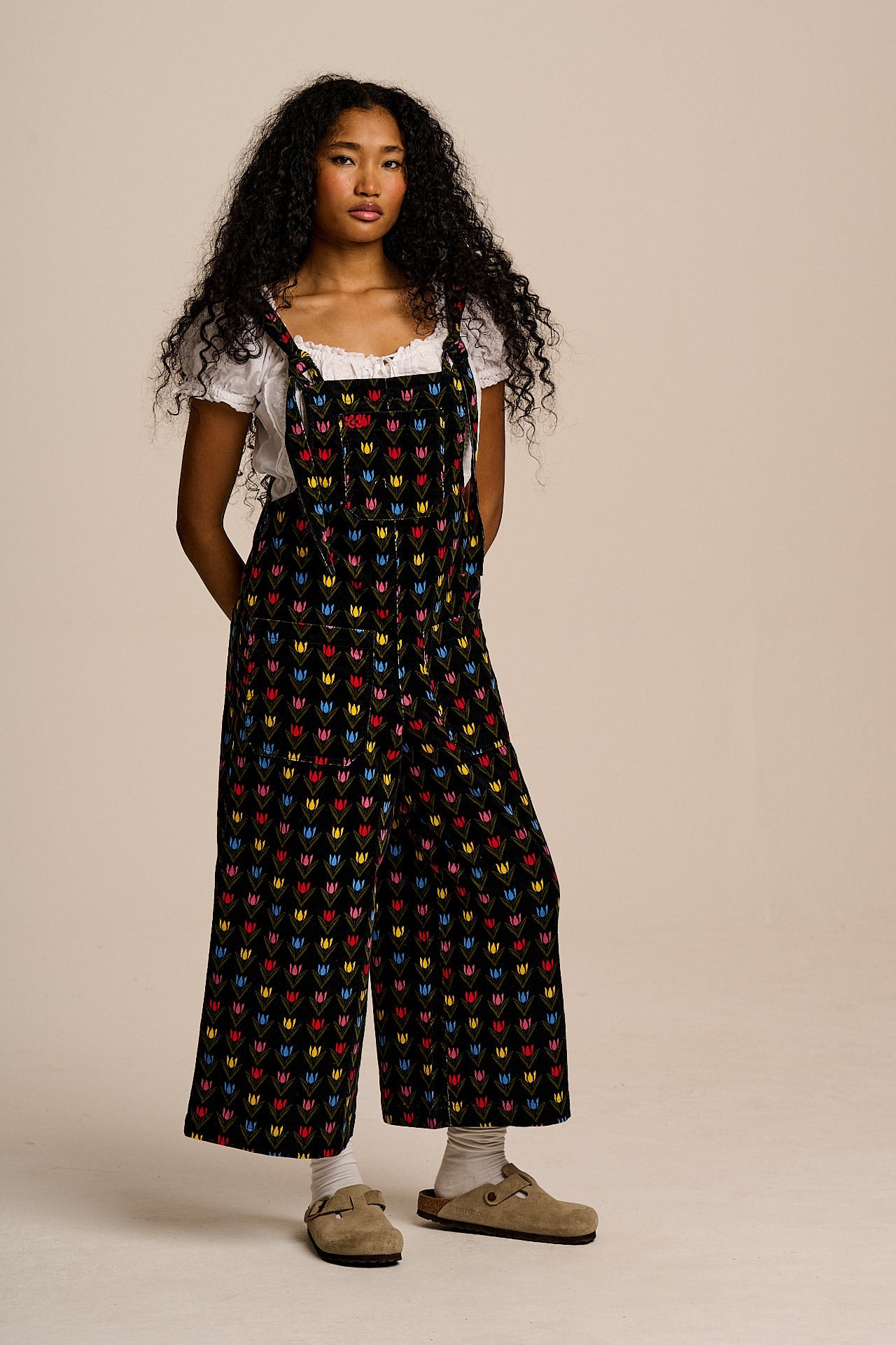 Jenny - Wide Leg Corduroy Dungarees in Black Tulip Print