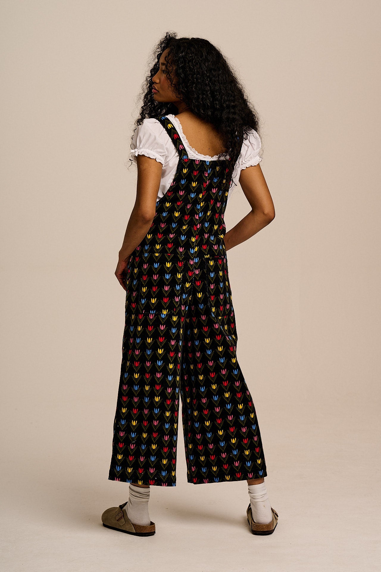 Jenny - Wide Leg Corduroy Dungarees in Black Tulip Print