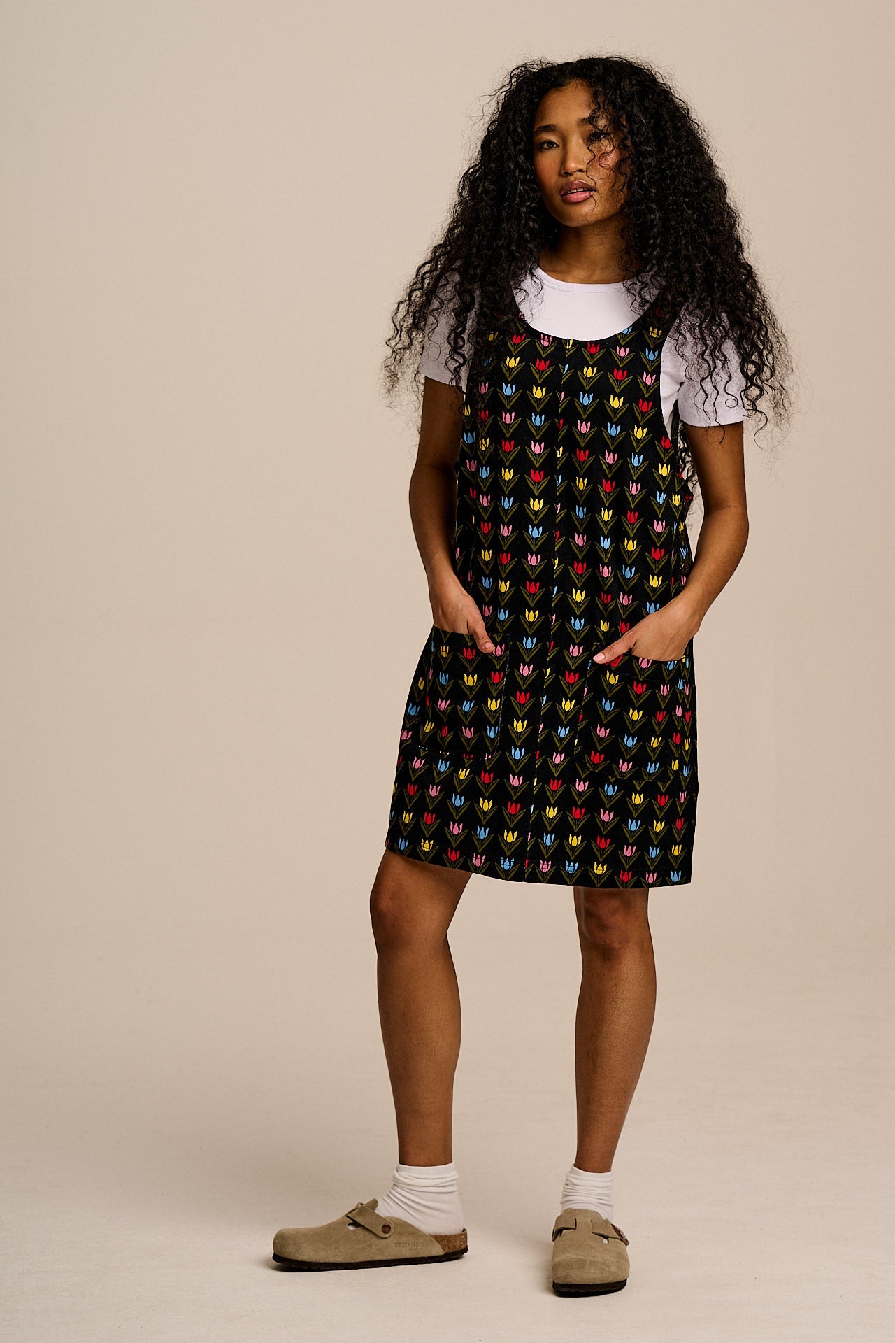 Layla - Mini Cotton Dress in Black Tulip Print