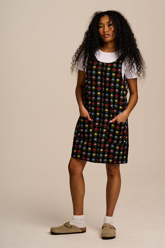Layla - Mini Cotton Dress in Black Tulip Print