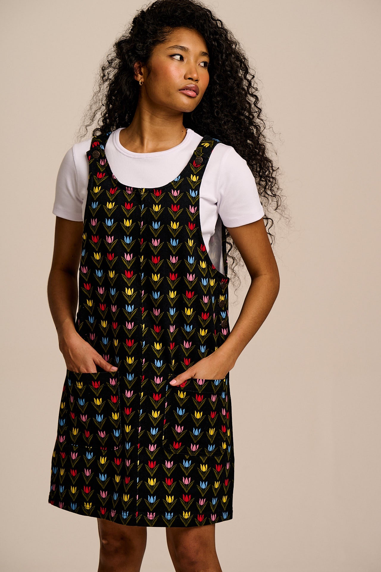 Layla - Mini Cotton Dress in Black Tulip Print