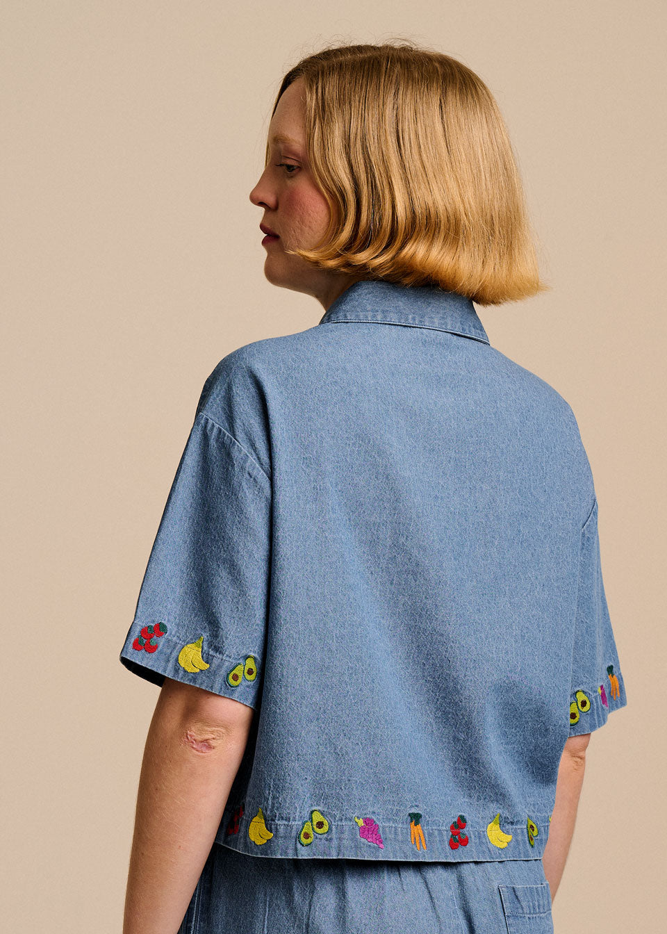 Archer - Cotton Shirt in Light Blue with Veg Embroidery