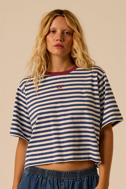 Zayla - Cotton Cropped Boxy T-Shirt in Navy & White Stripe