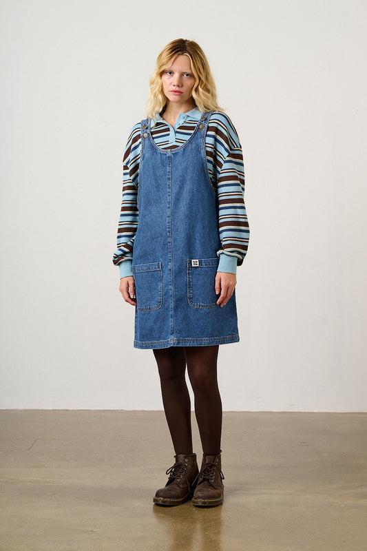 Layla Pinafore Mini Dress - Organic Cotton Denim in Blue Wash