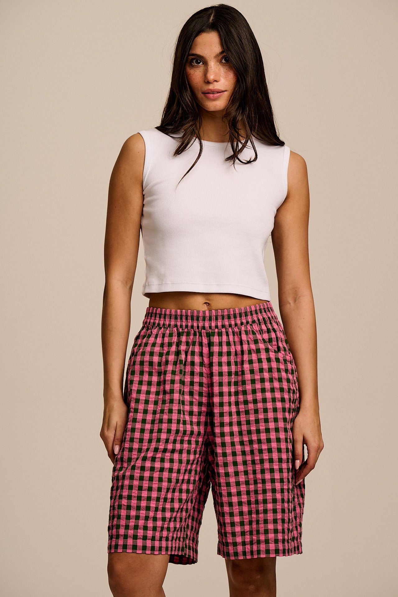Madero - Cotton Long Shorts in Pink & Green Gingham