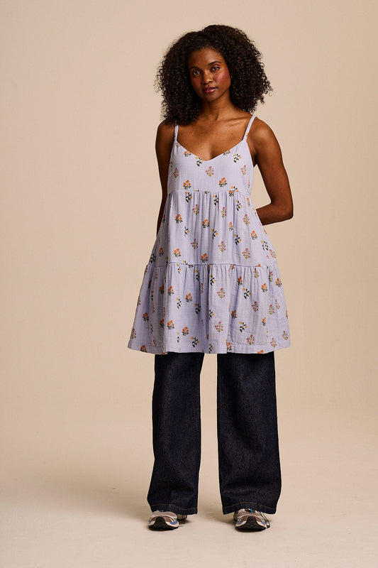 Mae Tiered Mini Dress - Organic Cotton Double Gauze in Blue Walled Bloom