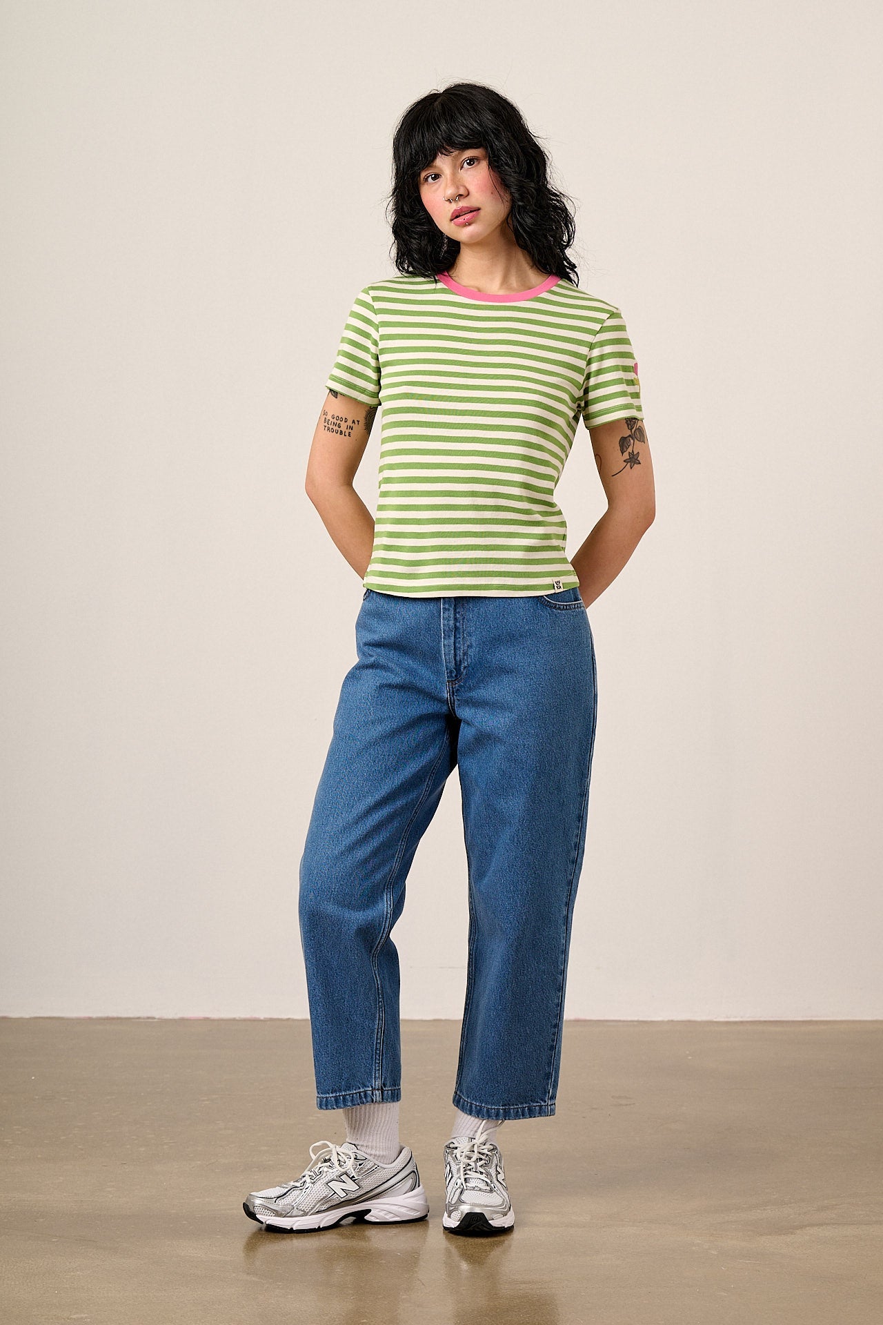 Maya - Cotton T-Shirt in Green Stripe with Flower Embroidery