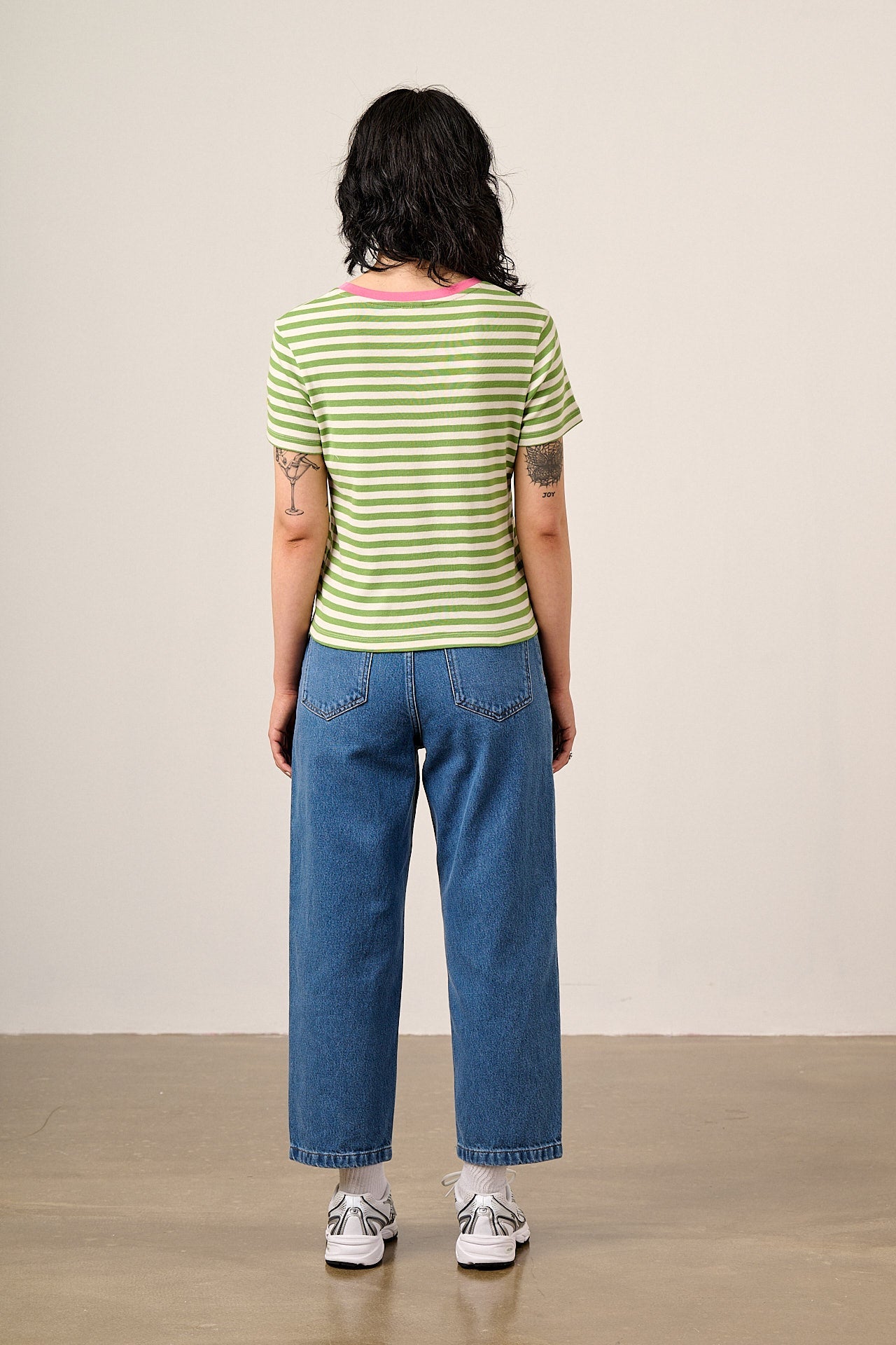 Maya - Cotton T-Shirt in Green Stripe with Flower Embroidery