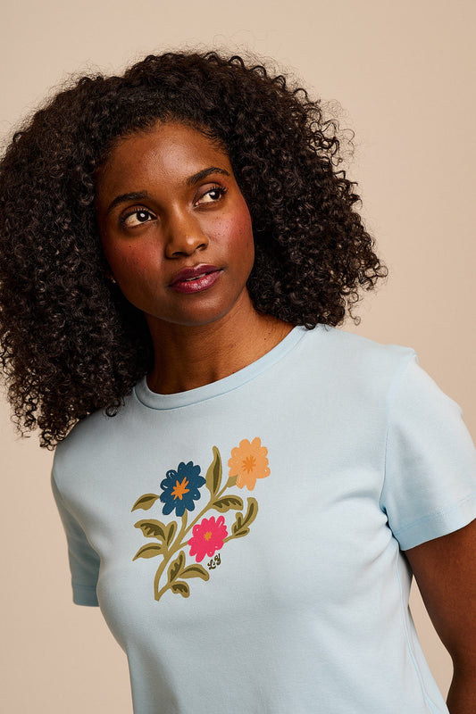Maya - Cotton T-Shirt in Light Blue Floral Print