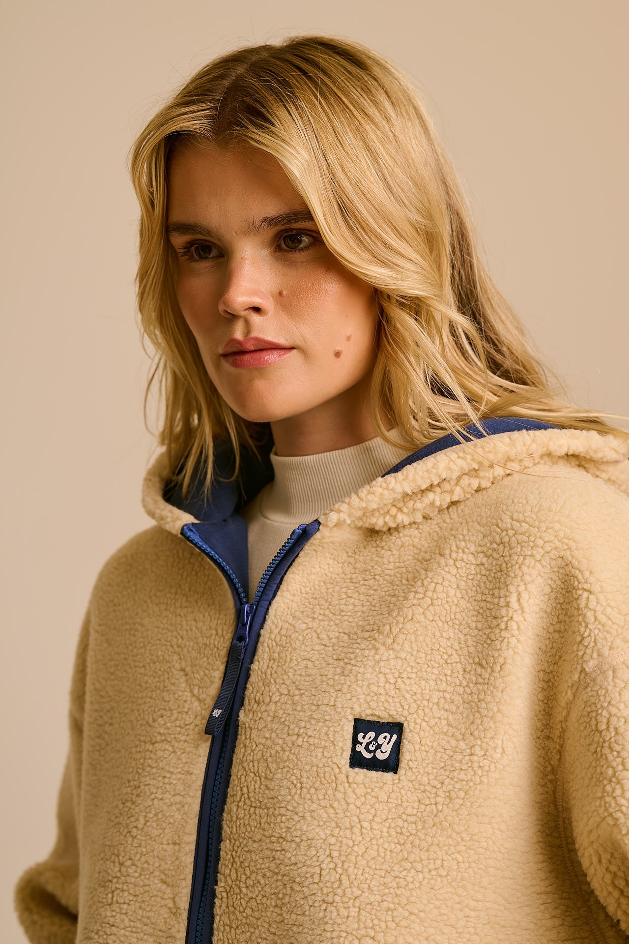 Misha - Borg Fleece Jacket in Cream with Navy Lining