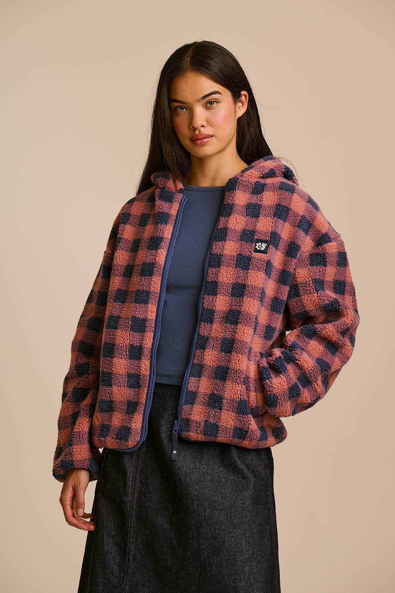 Misha - Fleece Jacket in Blue and Pink Check