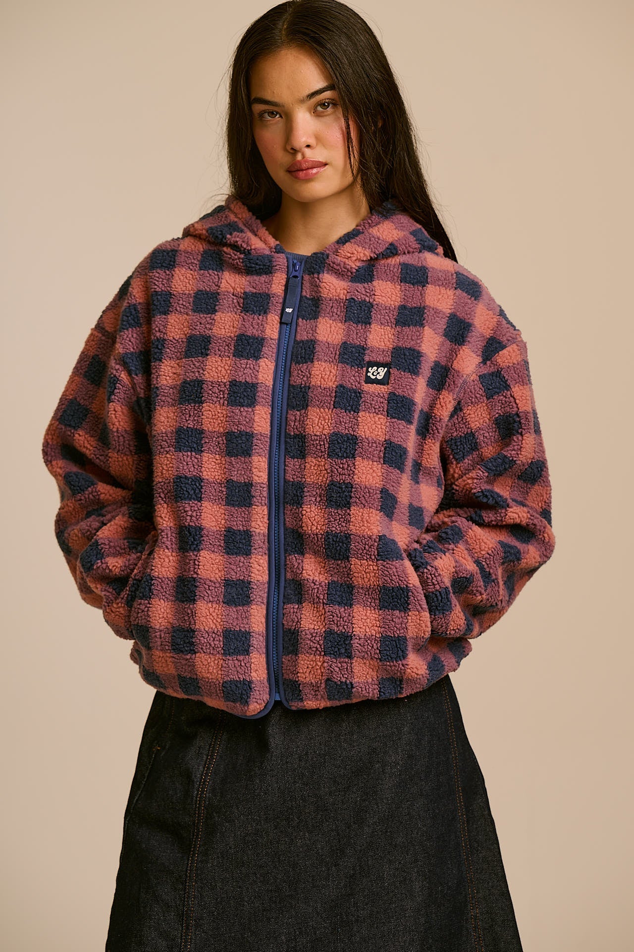 Misha - Fleece Jacket in Blue and Pink Check