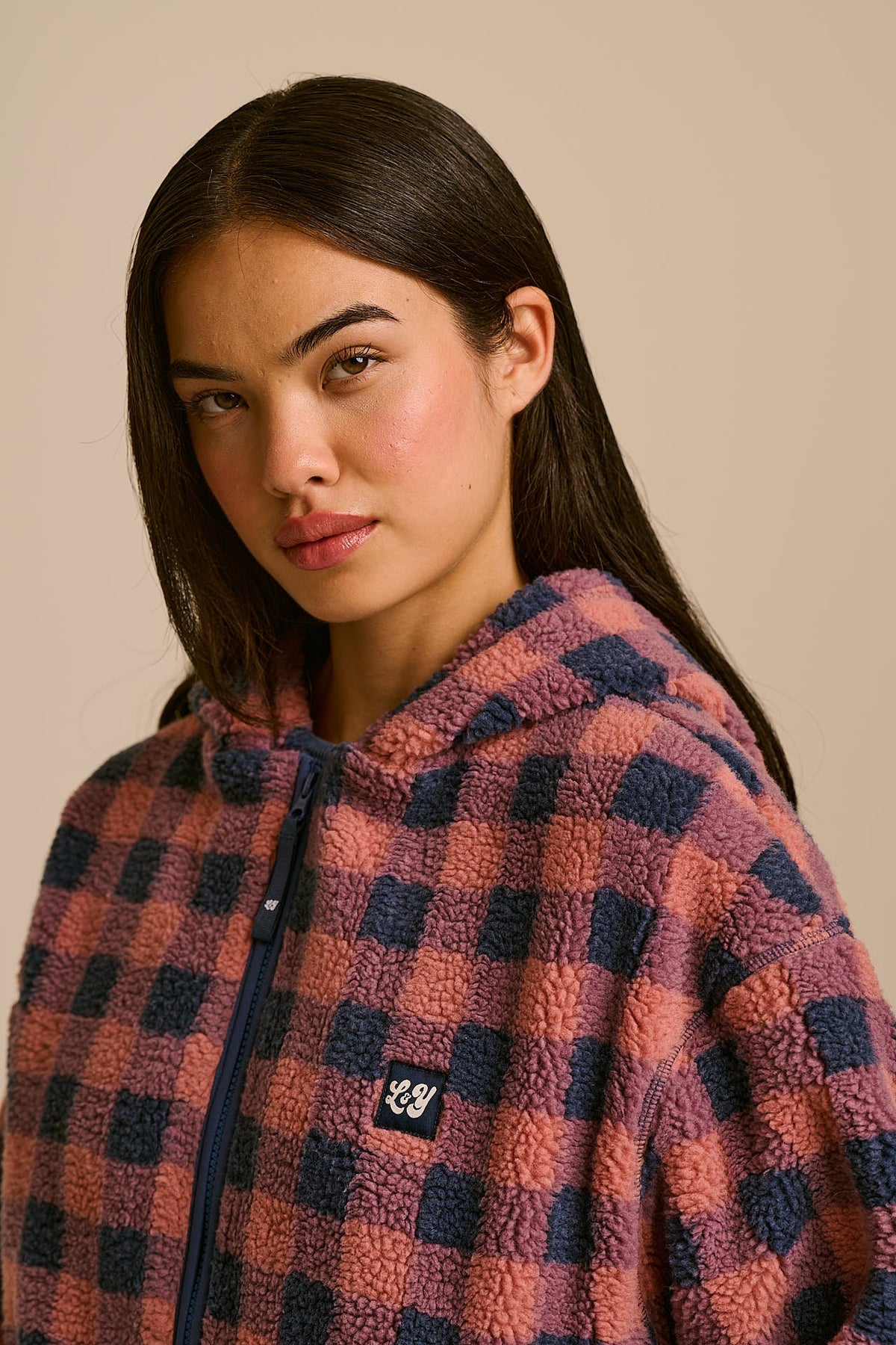 Misha - Fleece Jacket in Blue and Pink Check