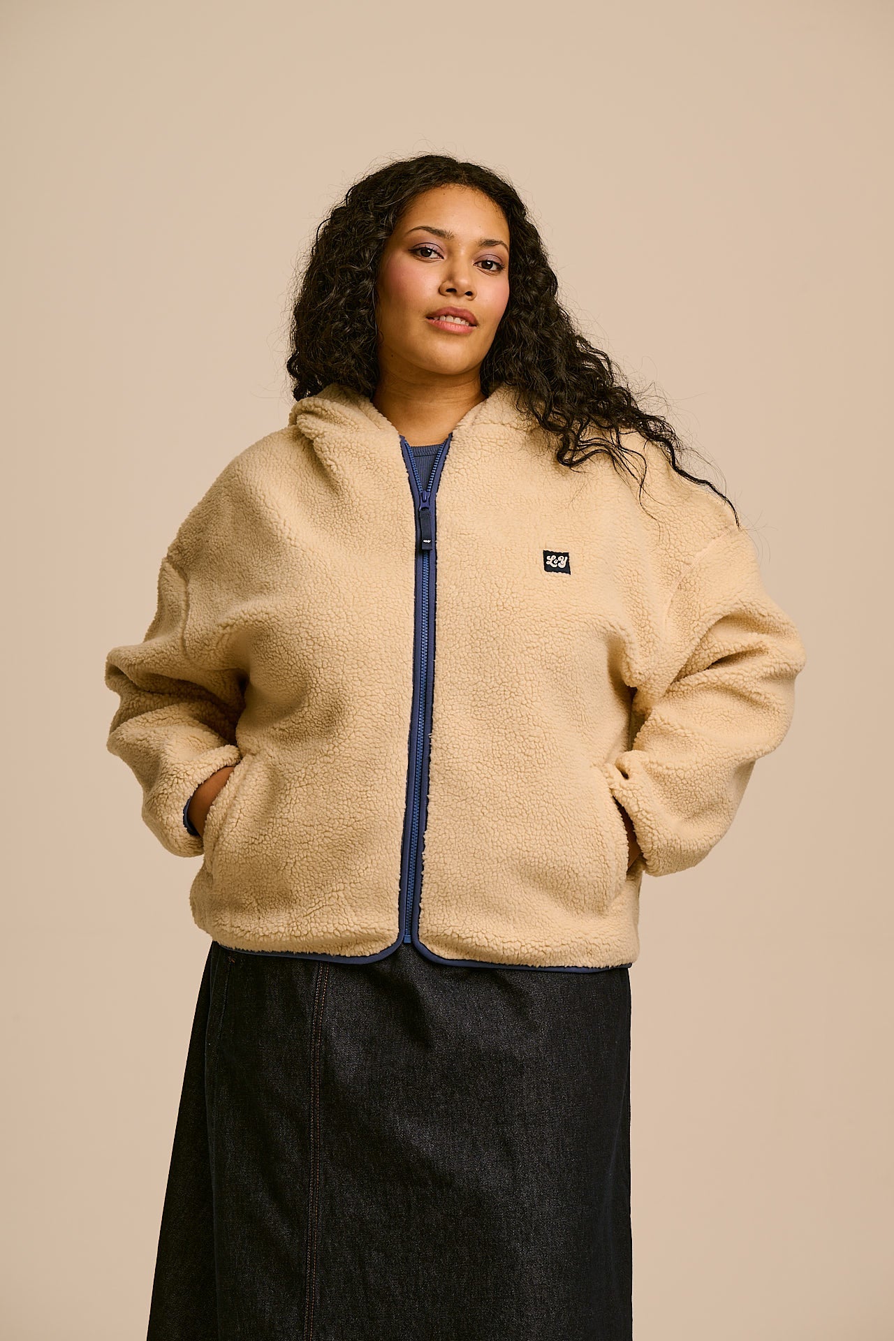Misha - Borg Fleece Jacket in Cream with Navy Lining