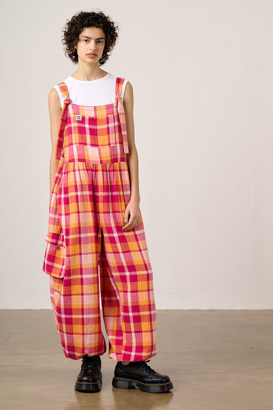 Miyada - Cotton Dungarees in Orange & Pink Check