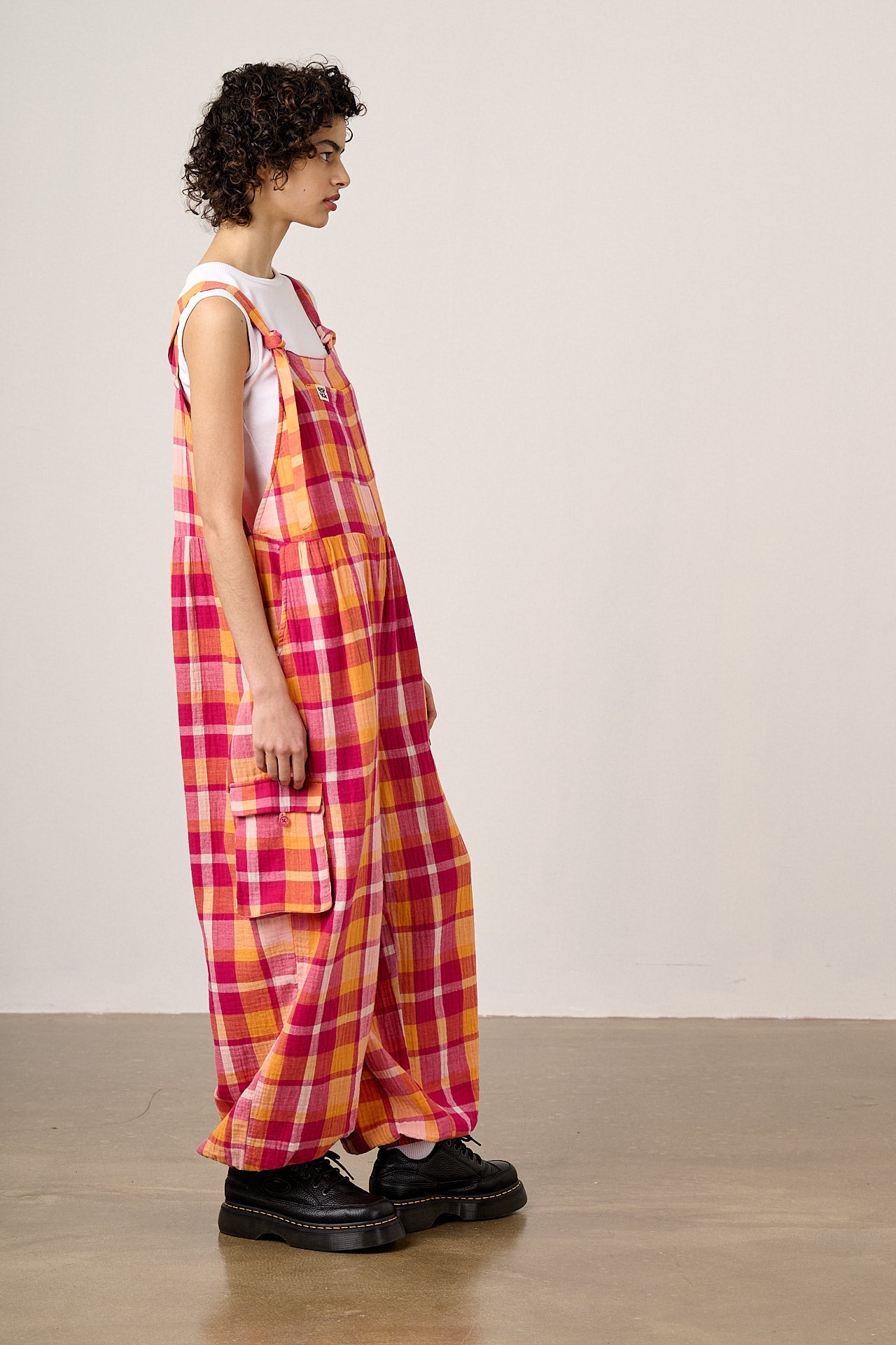 Miyada - Cotton Dungarees in Orange & Pink Check