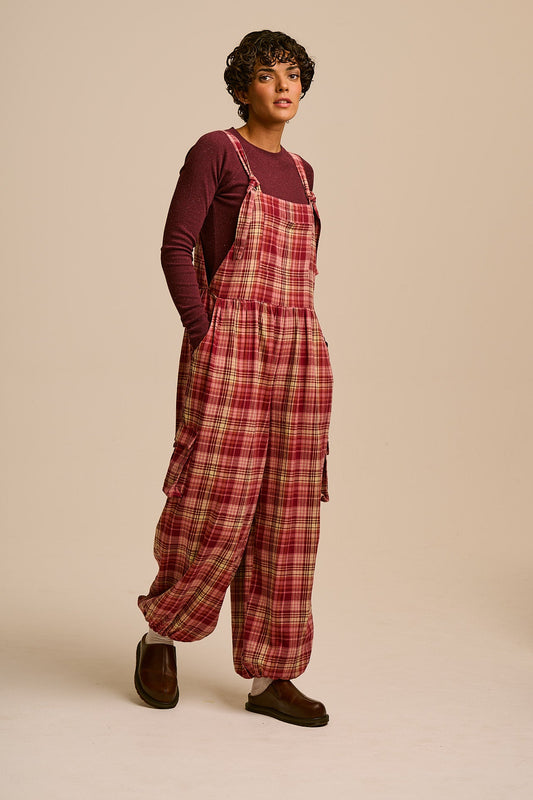 Miyada - Brushed Cotton Dungarees in Pink and Red Check