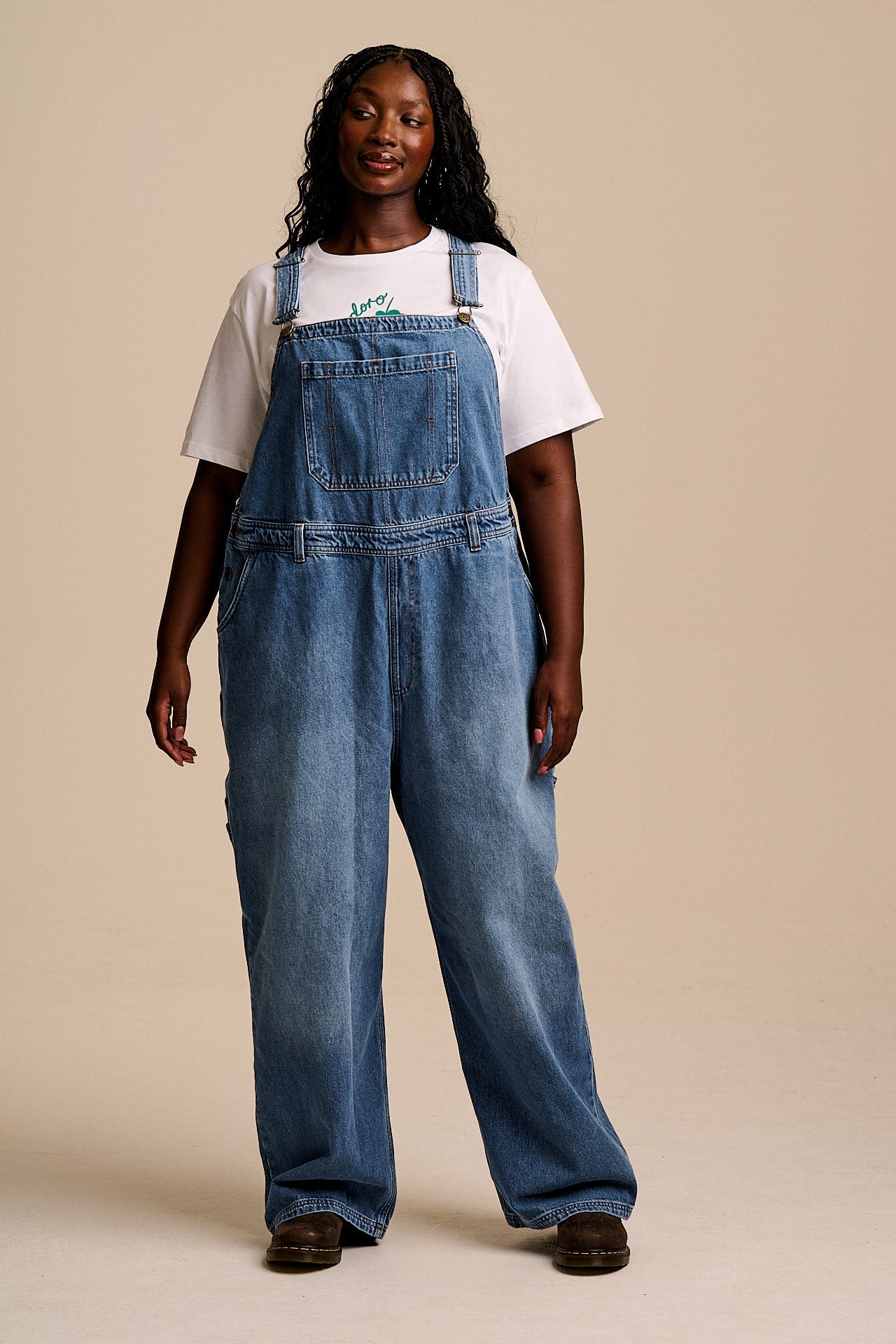 Mullen - Denim Dungarees in Midwash with Metal Clasps