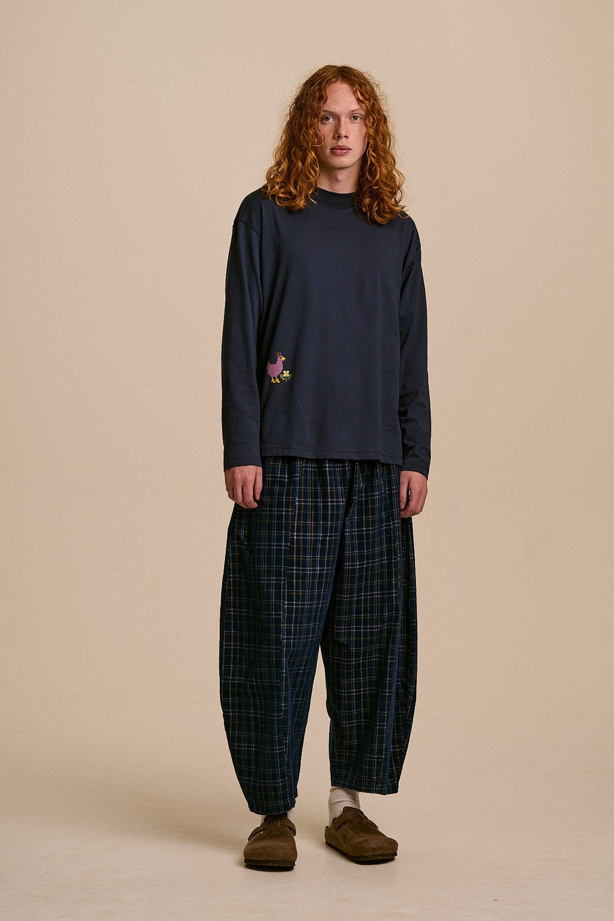Murat - Long Sleeve Lightweight Cotton T-Shirt in Navy Cross Stitch Print