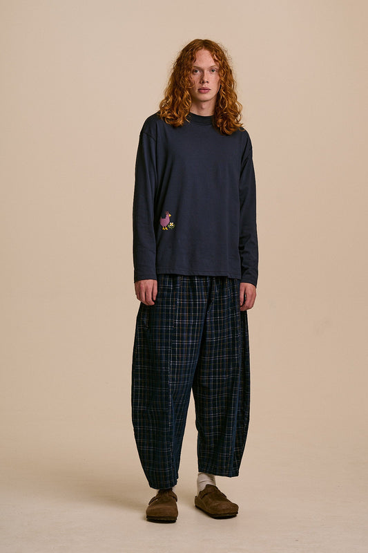 Murat - Long Sleeve Lightweight Cotton T-Shirt in Navy Cross Stitch Print