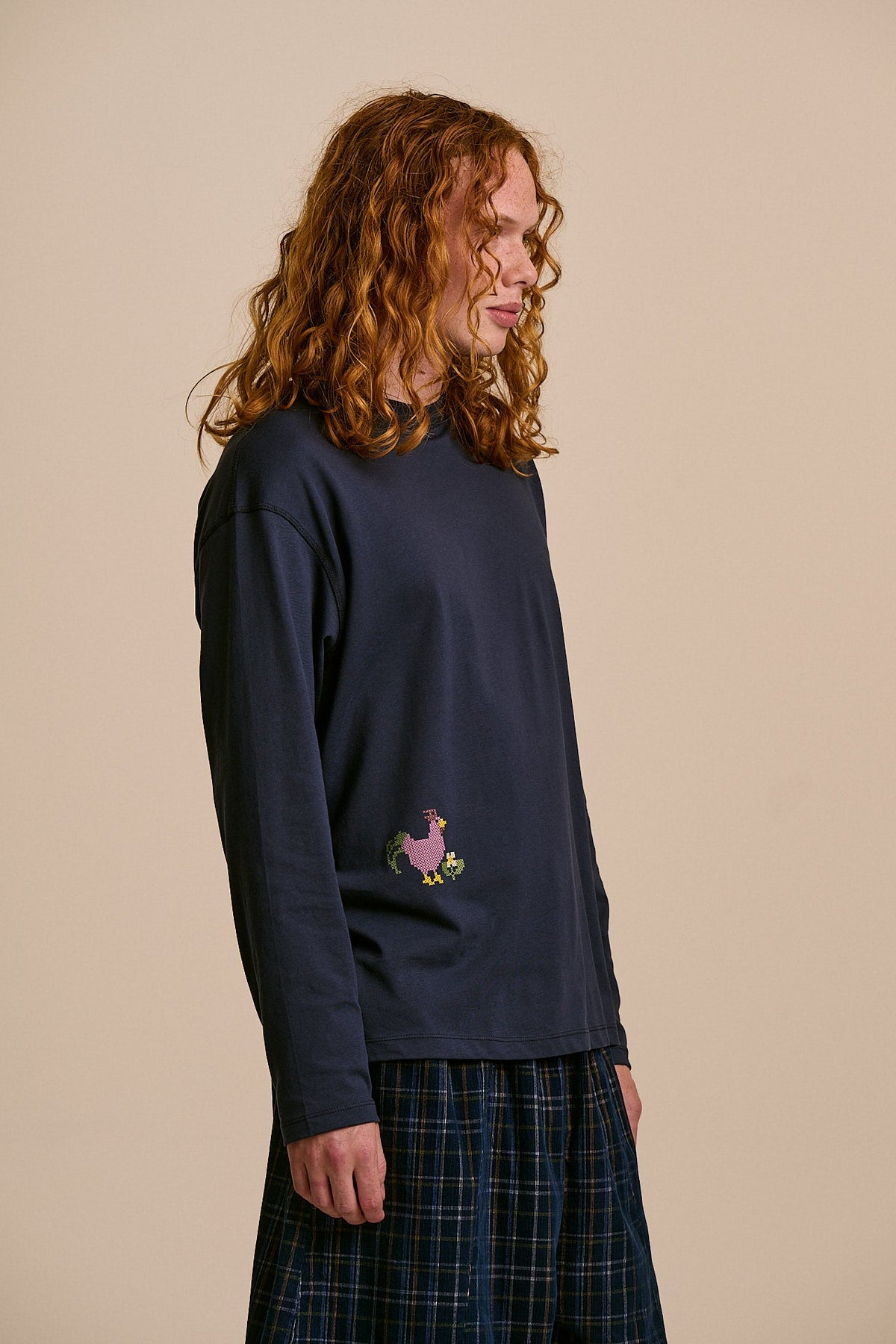 Murat - Long Sleeve Lightweight Cotton T-Shirt in Navy Cross Stitch Print