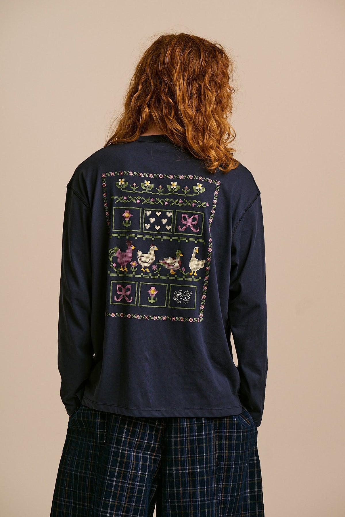 Murat - Long Sleeve Lightweight Cotton T-Shirt in Navy Cross Stitch Print