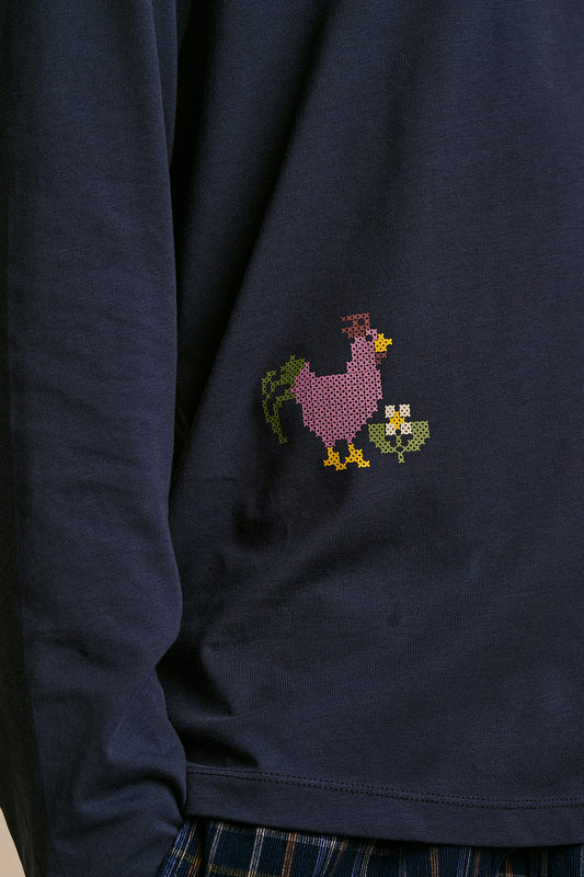 Murat Long Sleeve T-Shirt - Organic Cotton in Navy Cross Stitch Print