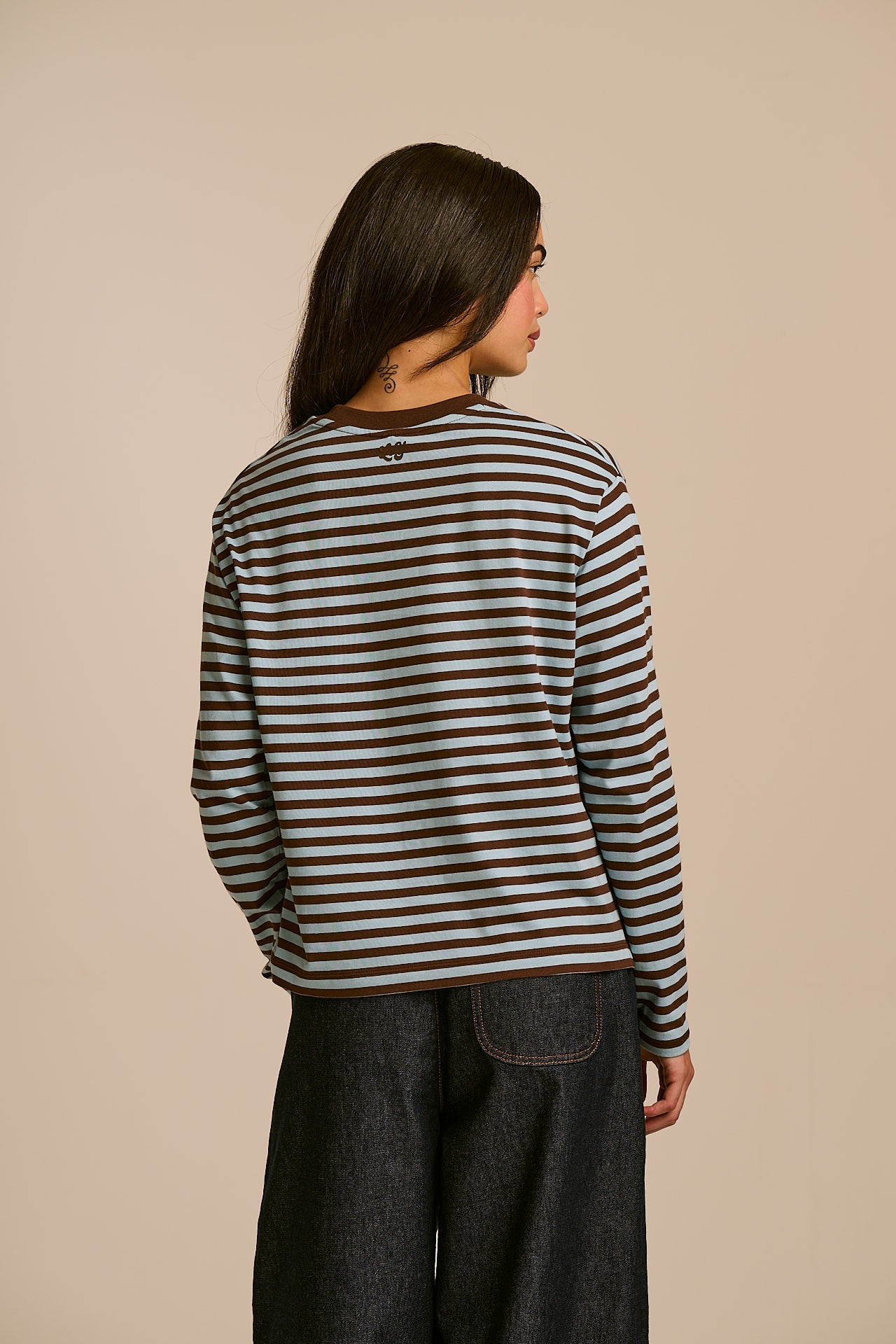 Mysen - Long Sleeve Cotton Top in Chocolate and Blue Stripe