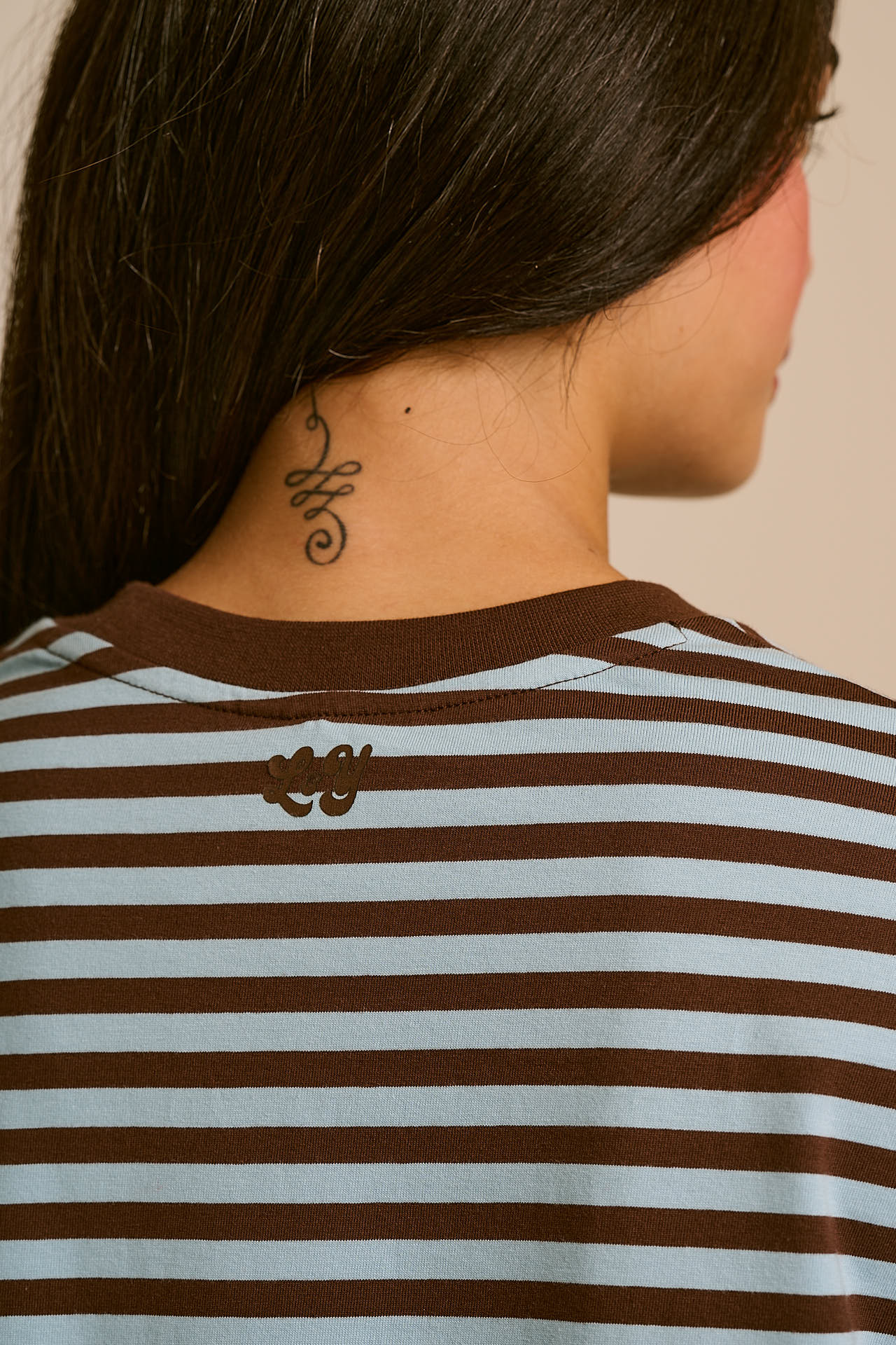 Mysen - Long Sleeve Cotton Top in Chocolate and Blue Stripe