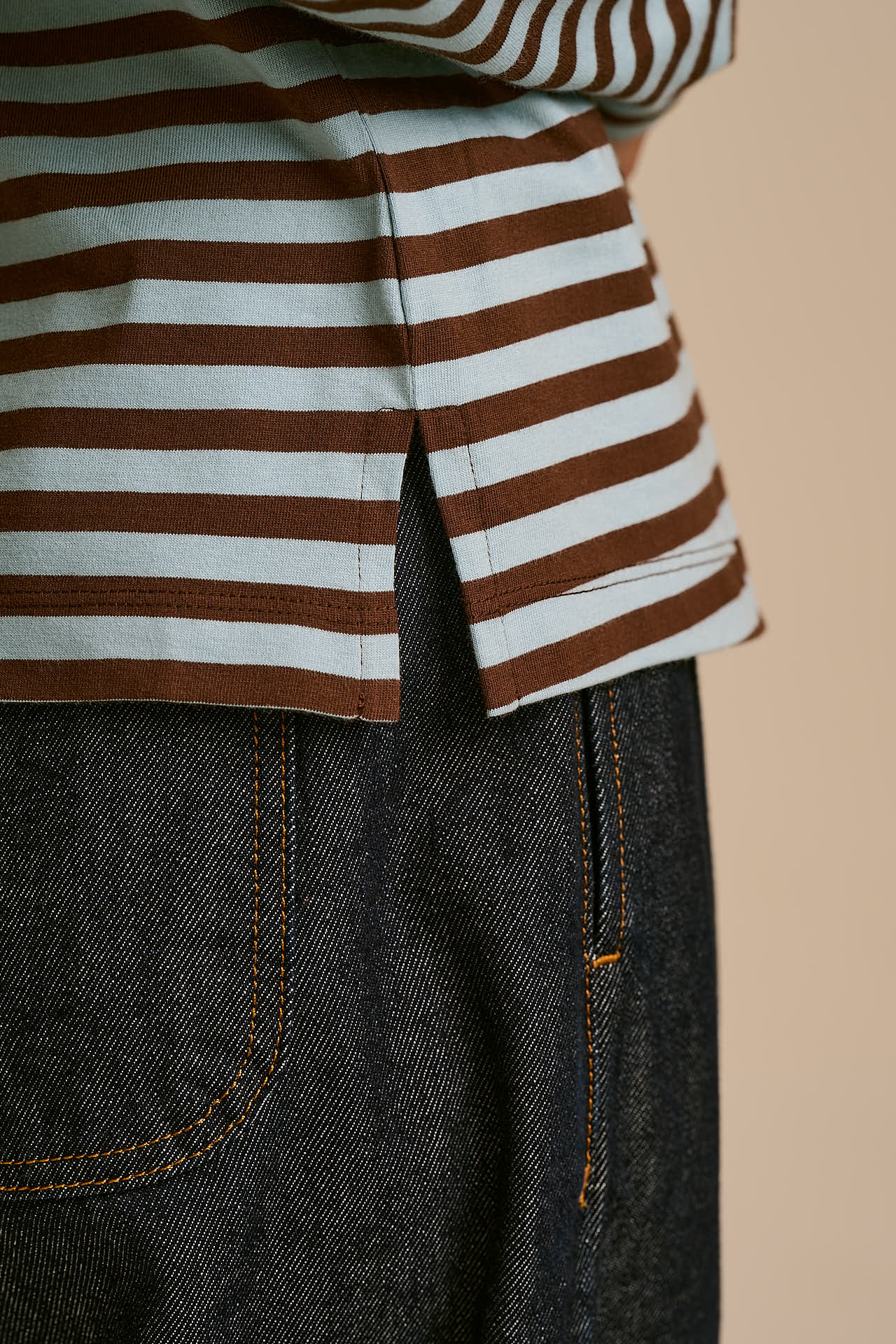Mysen - Long Sleeve Cotton Top in Chocolate and Blue Stripe