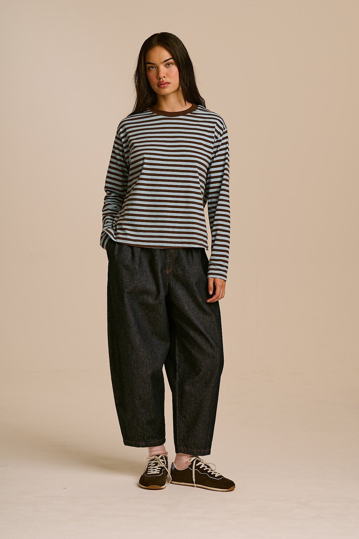 Mysen - Long Sleeve Cotton Top in Chocolate and Blue Stripe